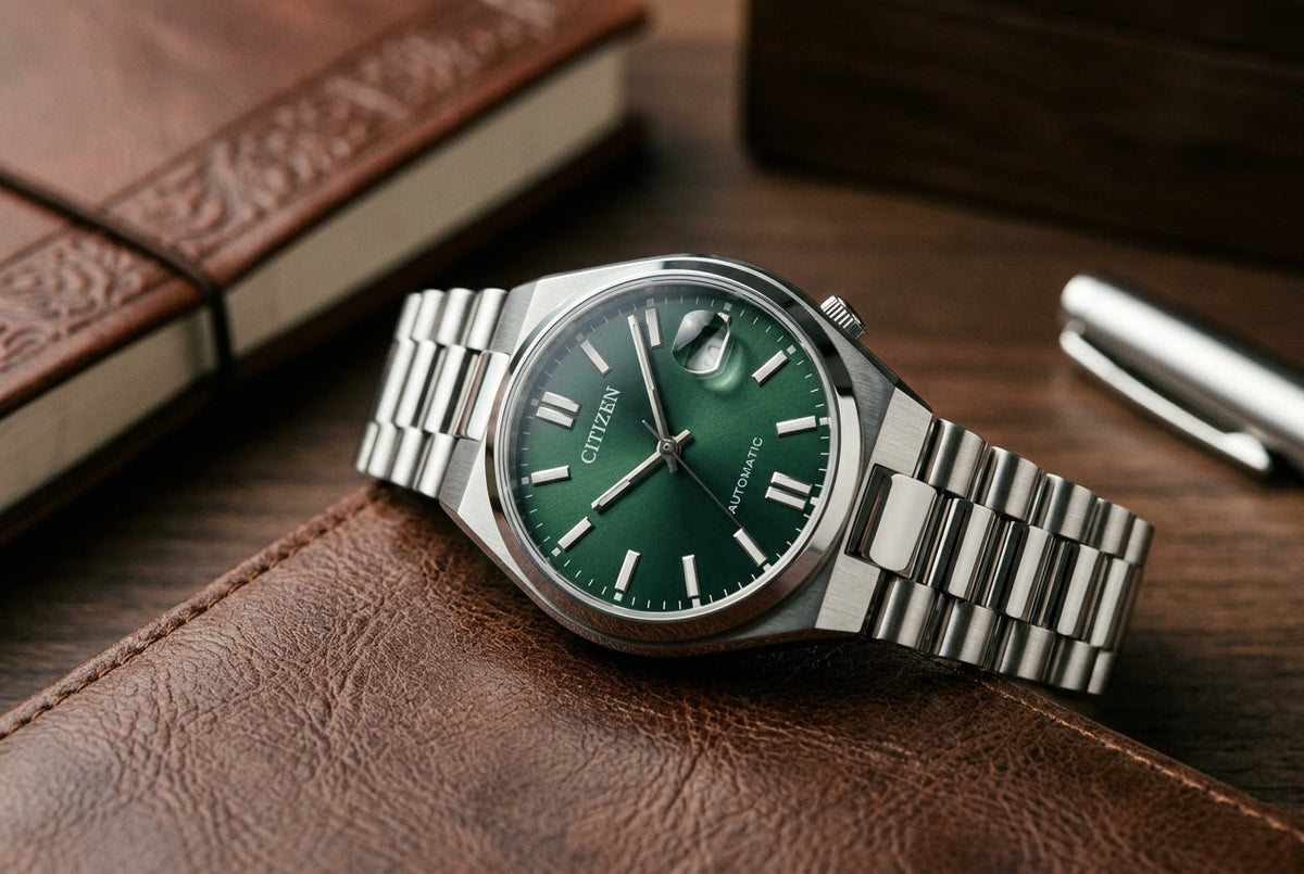 A green watch rests on a brown leather wallet, showcasing a stylish accessory atop a classic item.