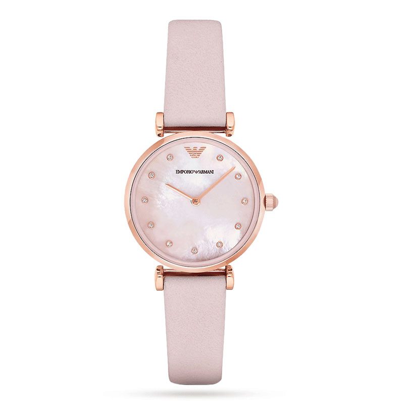 Emporio Armani Retro Rose Gold Tone Pink MOP Dial Leather Women's Watch AR1958
