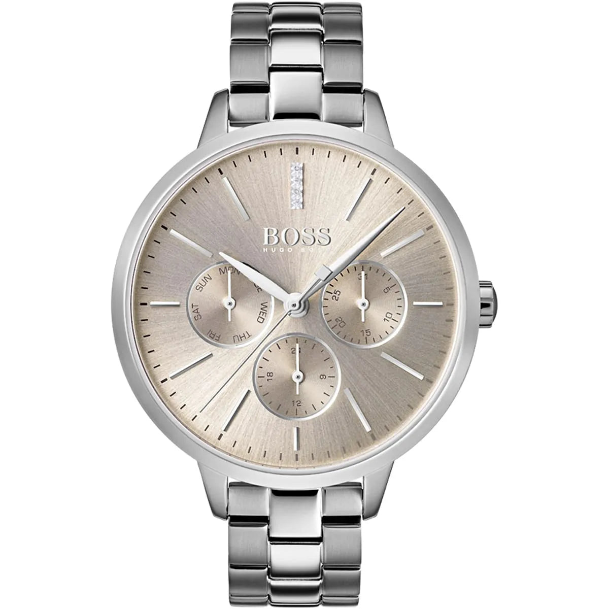Hugo Boss Symphony women's chronograph watch with rose gold dial and silver stainless steel strap