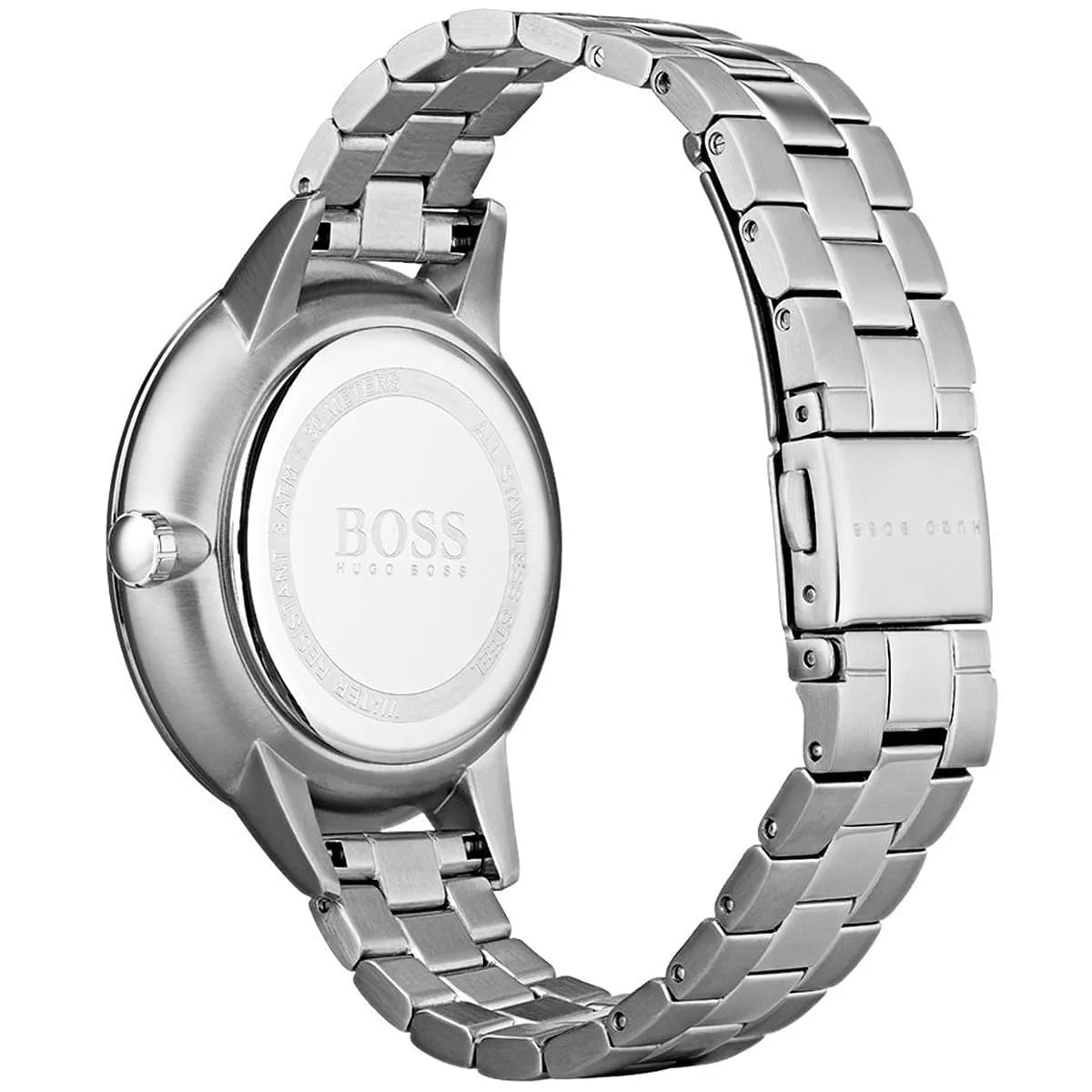 Hugo Boss Symphony watch side view showing case profile and silver metal bracelet