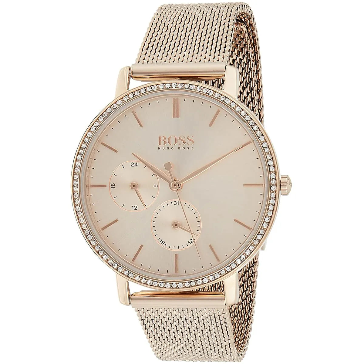 Hugo Boss Infinity rose gold watch angled view showing rose gold dial and sub-dials