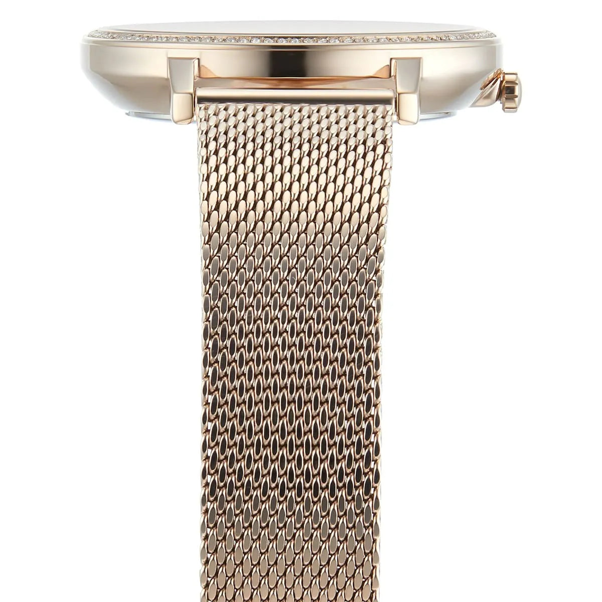 Hugo Boss Infinity watch detail showing rose gold dial with sub-dials and crystal bezel