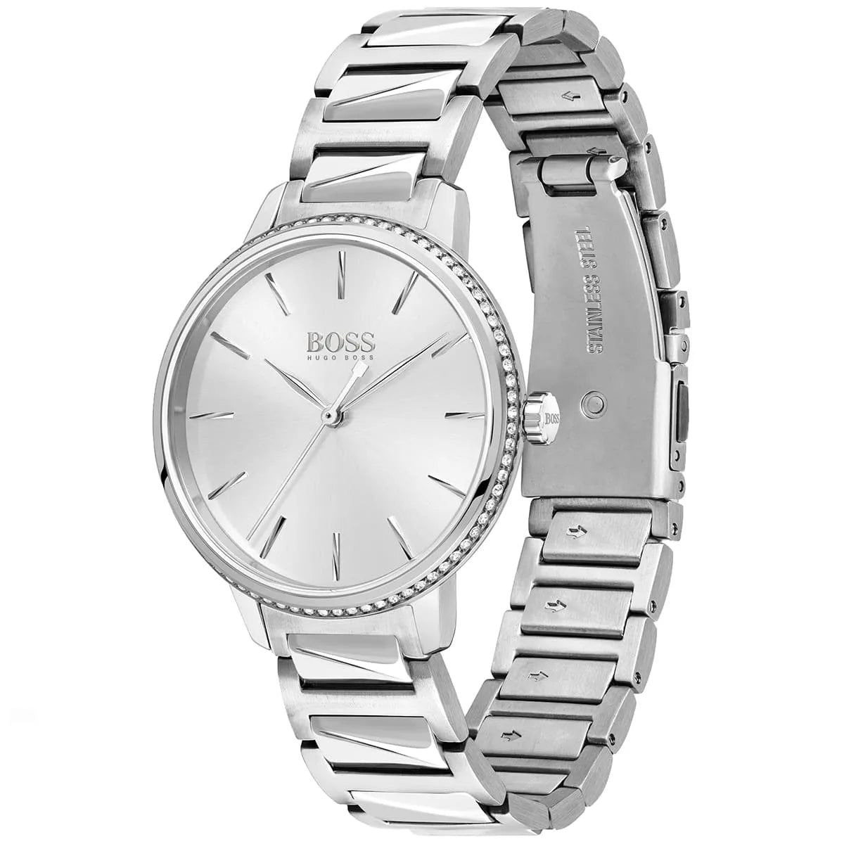 Hugo Boss Signature watch three-quarter view showing silver dial and metal bracelet