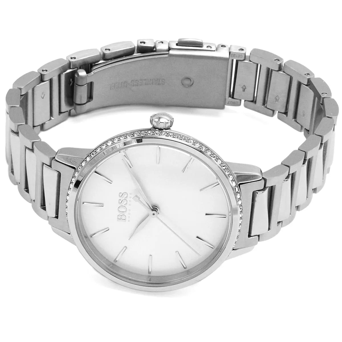 Hugo Boss Signature ladies watch worn on wrist showing silver dial and bracelet