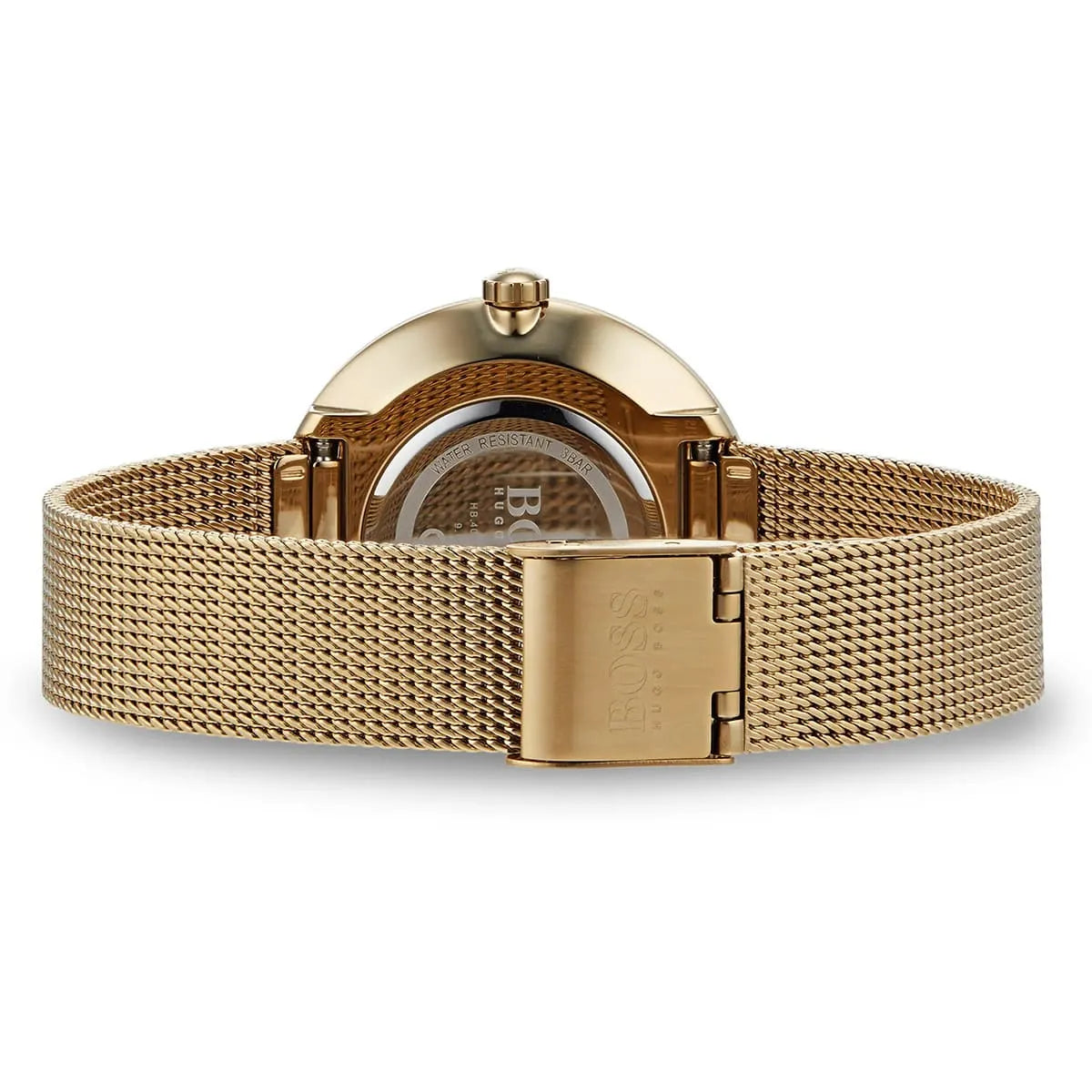 Caseback detail of Hugo Boss Praise watch with mesh strap and fold clasp