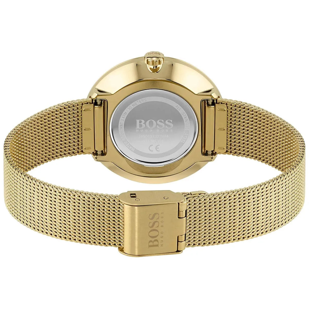 Hugo Boss Praise caseback view showing stainless steel mesh strap and clasp