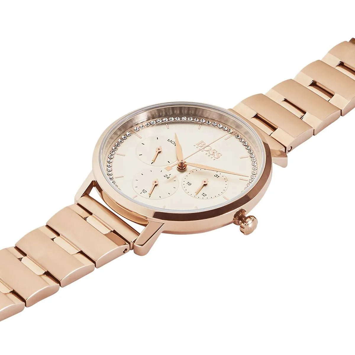 Hugo Boss Prima women's watch at angle showing chronograph subdials and crystal bezel