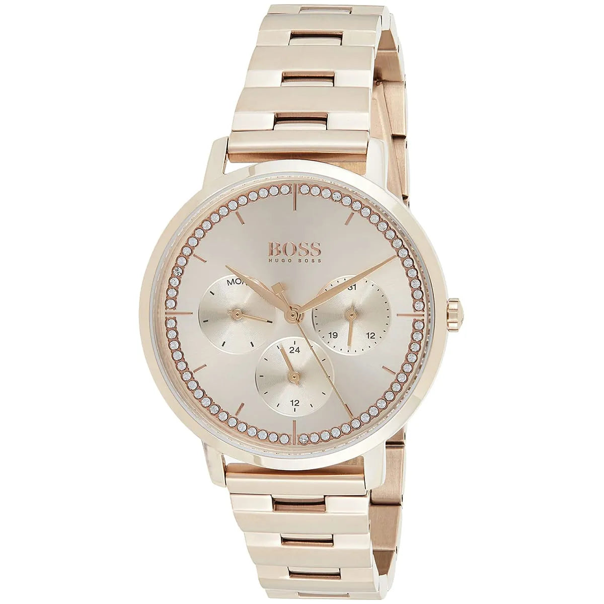 Hugo Boss Prima watch angled view showing rose gold stainless steel bracelet and dial