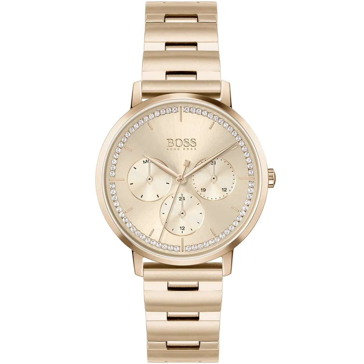 Hugo Boss Prima women's multifunction watch with rose gold dial and crystal bezel