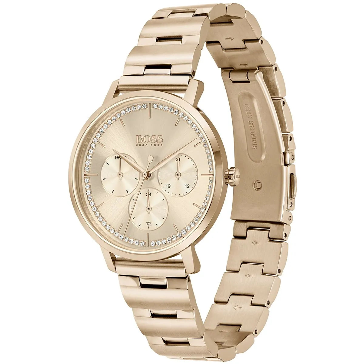 Hugo Boss Prima multifunction watch worn on wrist with rose gold metal bracelet