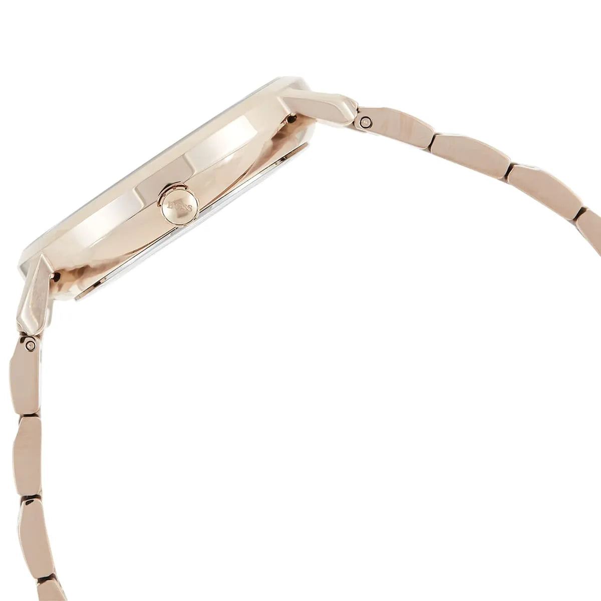 Hugo Boss Prima women's watch side profile with metal bracelet and rose gold case