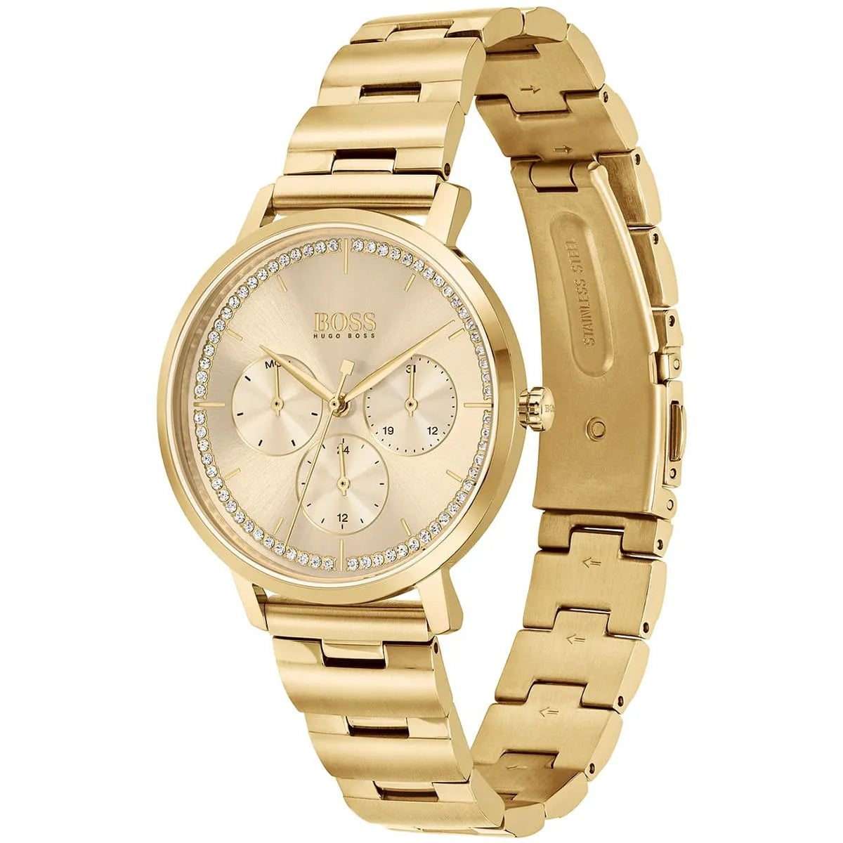 Side angle view of Hugo Boss Purity watch showing gold stainless steel three-link bracelet and case profile
