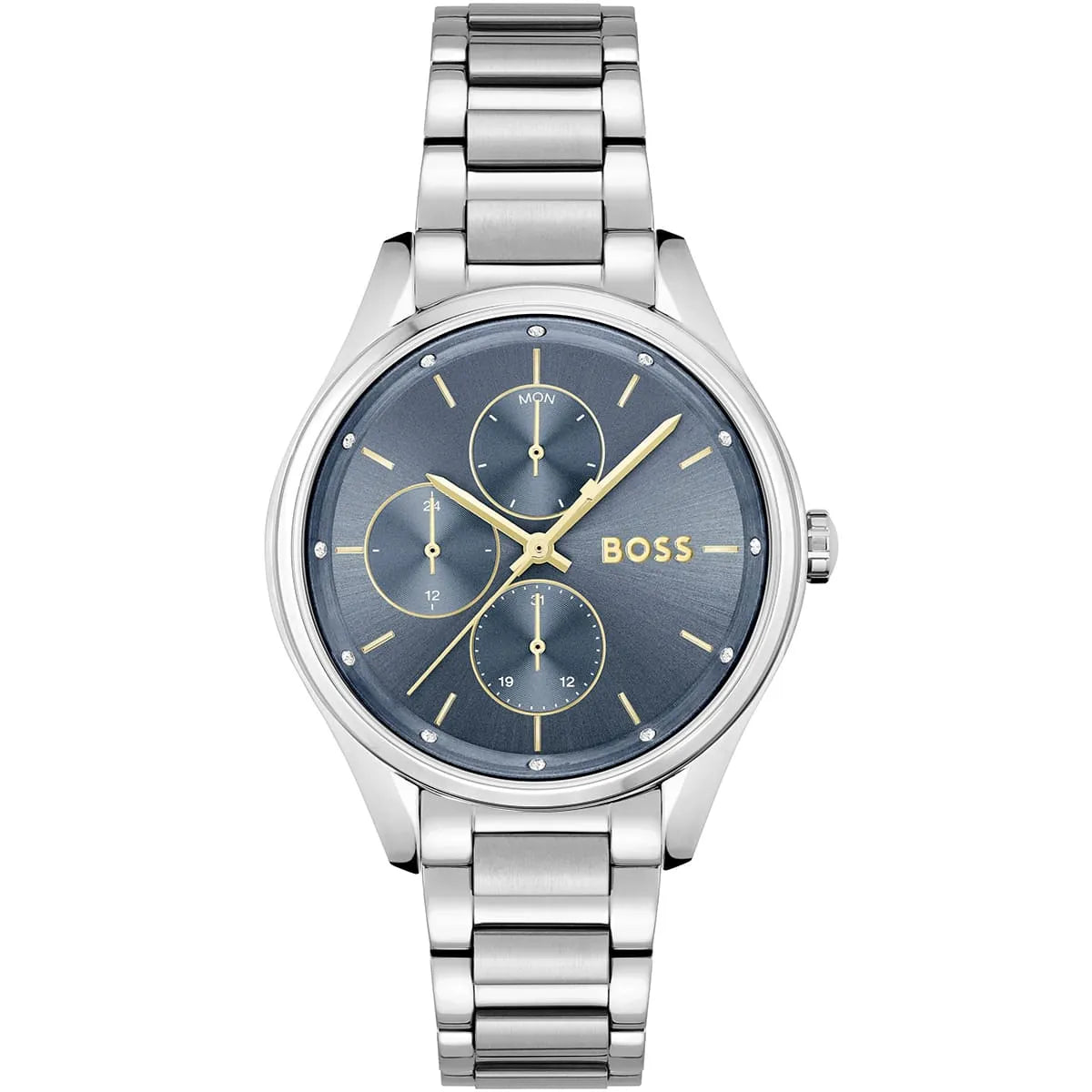 Hugo Boss Grand Course women's watch with blue sunburst dial, three subdials, gold hands, and silver stainless steel bracelet
