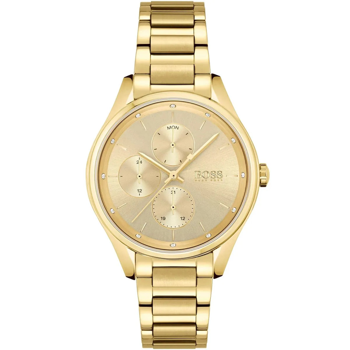 Hugo Boss Grand Course women's watch with gold dial and gold steel strap, front view