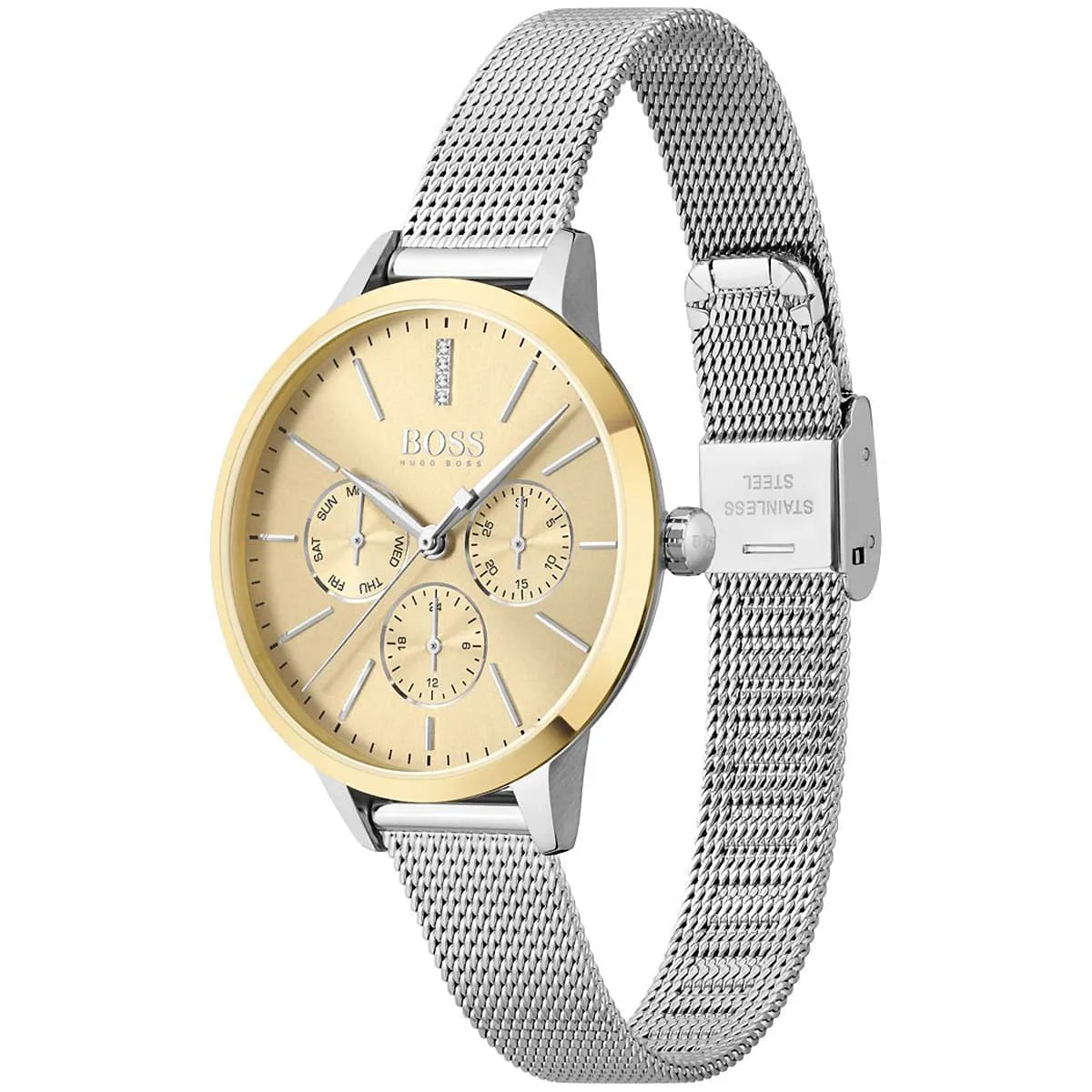 Hugo Boss Symphony women's watch angled view showing gold dial and silver mesh strap
