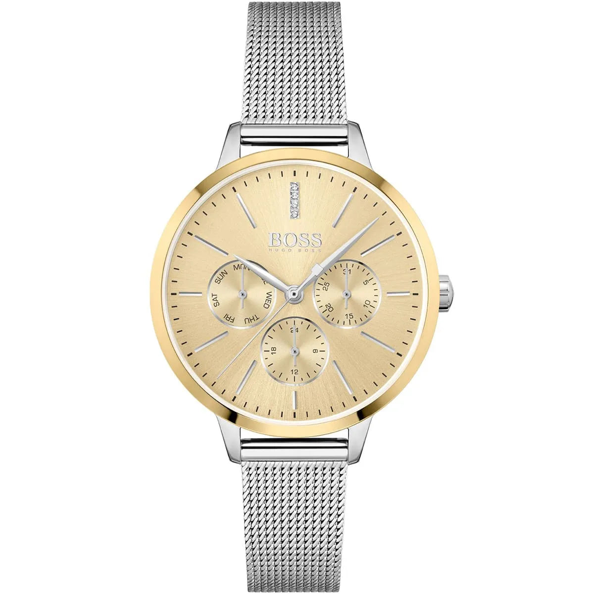 Hugo Boss Symphony women's watch with gold dial and silver mesh bracelet, front view