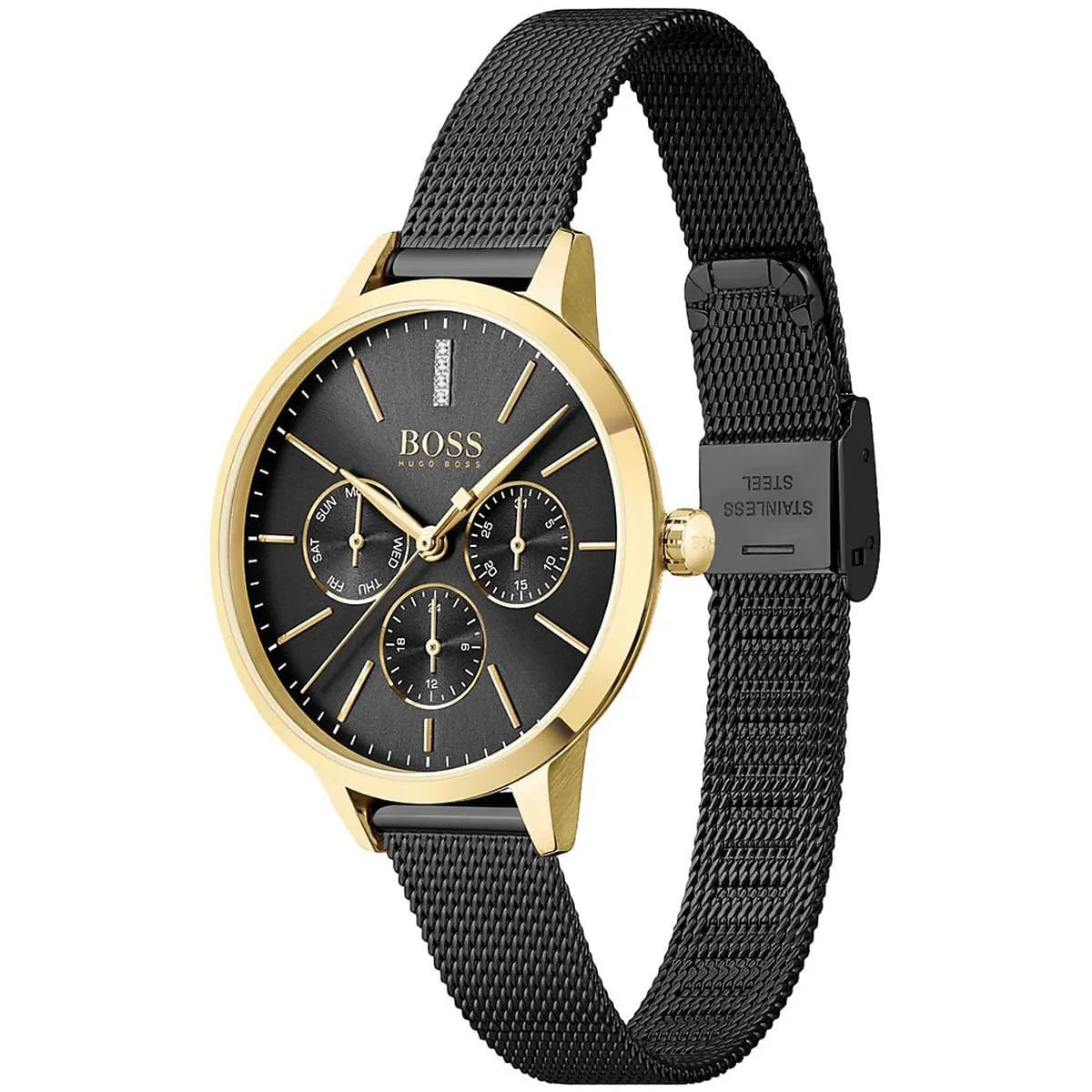 Hugo Boss Symphony watch displayed at angle showing black mesh bracelet and gold-tone bezel