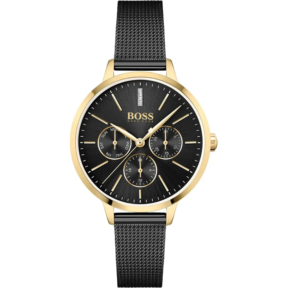 Hugo Boss Symphony women's watch with black dial, gold-tone case, three sub-dials, and black mesh bracelet