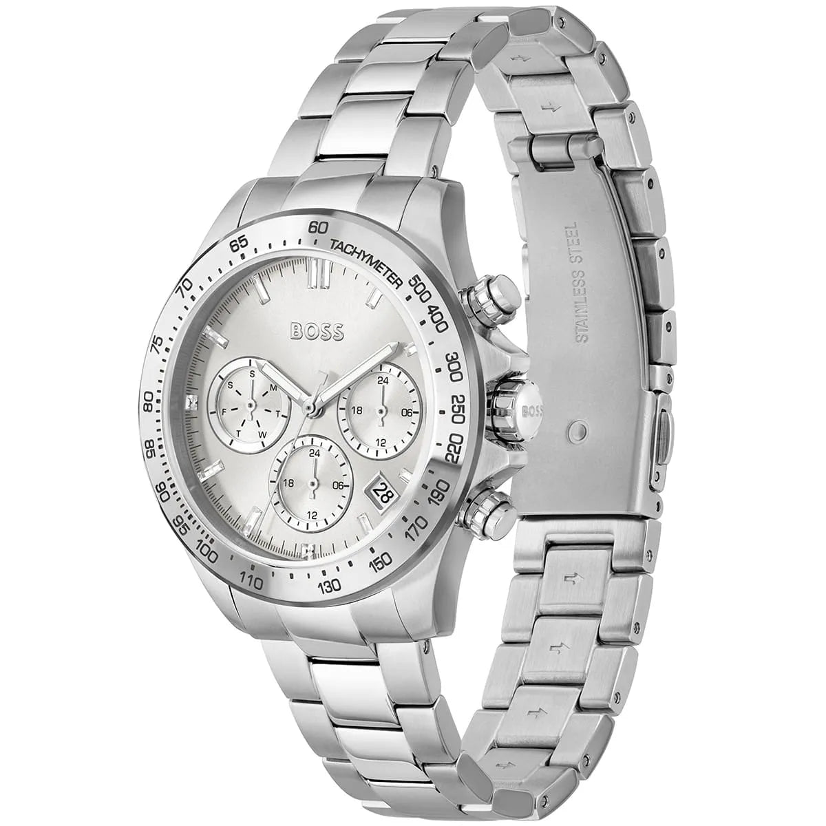 Side angle view of Hugo Boss women's chronograph watch with three subdials and metal bracelet