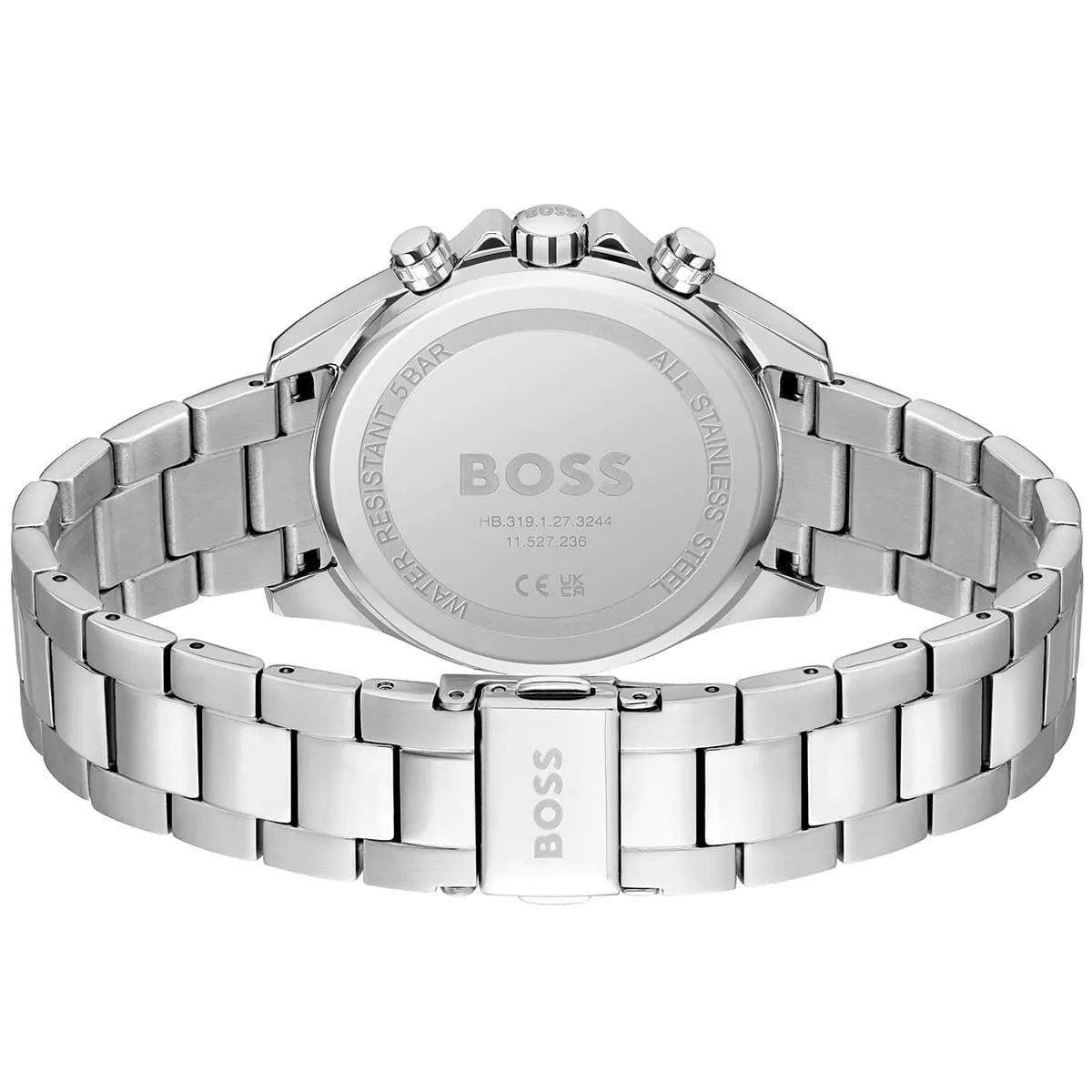 Hugo Boss stainless steel watch caseback with engraved branding and serial number