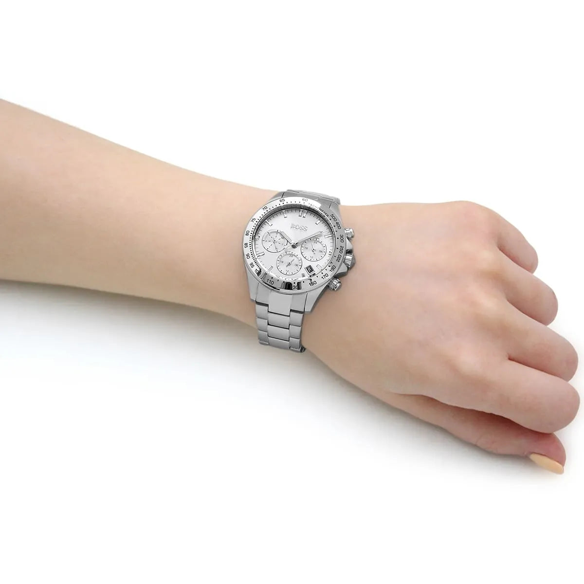 Hugo Boss women's chronograph watch with three subdials displayed on wrist