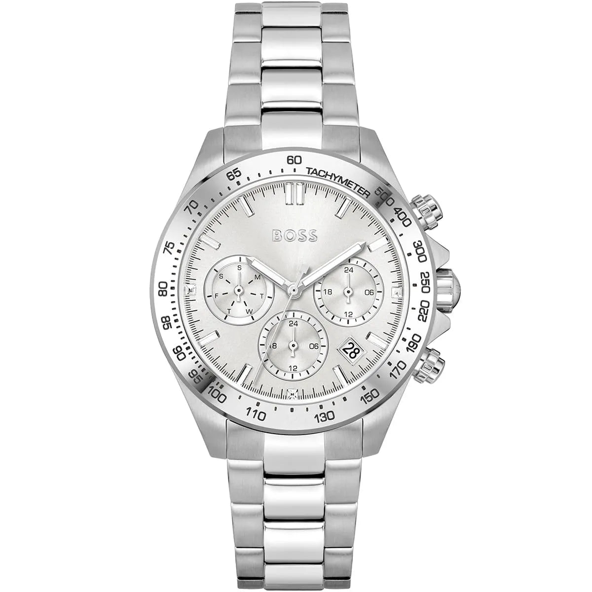 Hugo Boss women's silver dial chronograph watch with stainless steel bracelet and tachymeter bezel