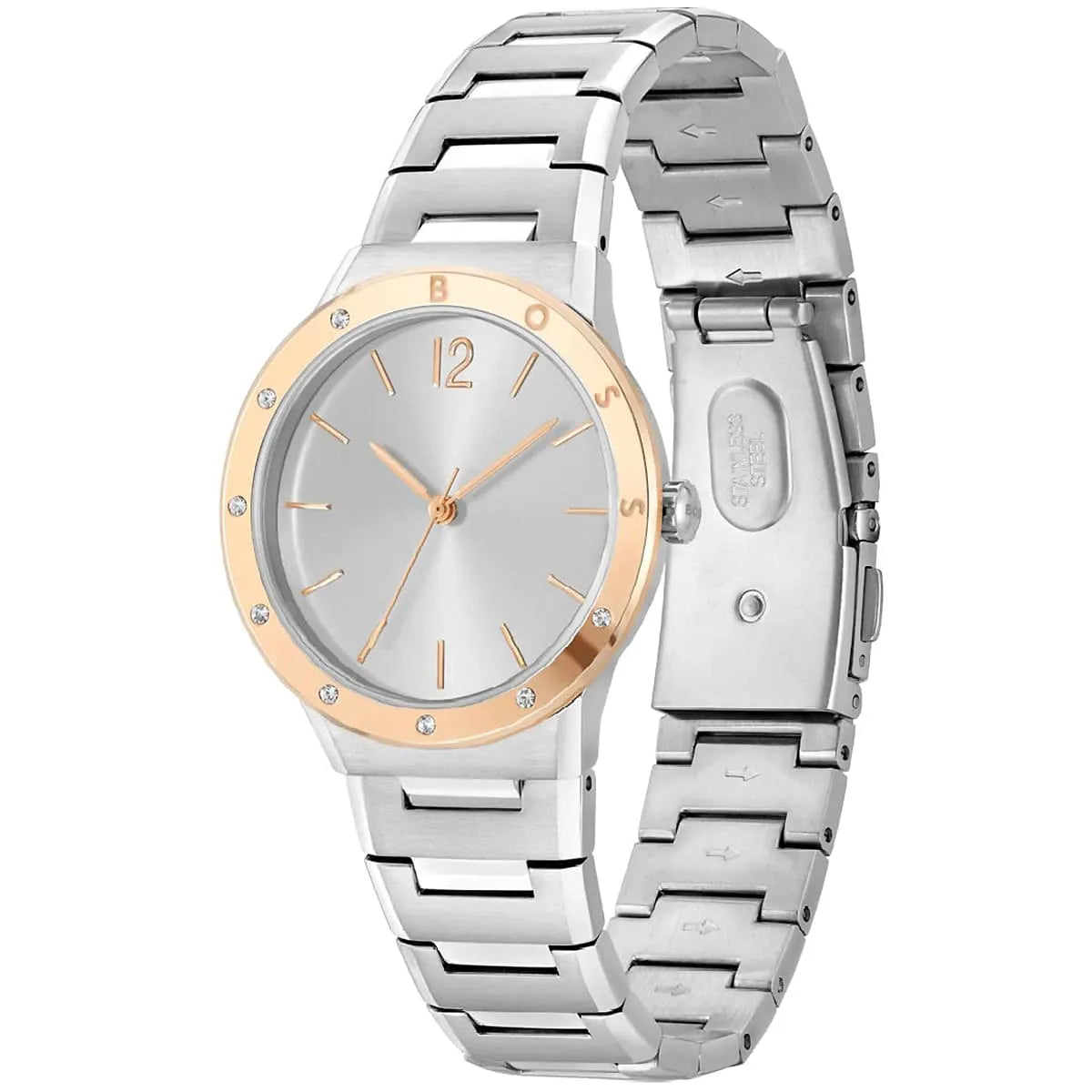 Hugo Boss Breath watch side view showing silver stainless steel bracelet and rose gold accents