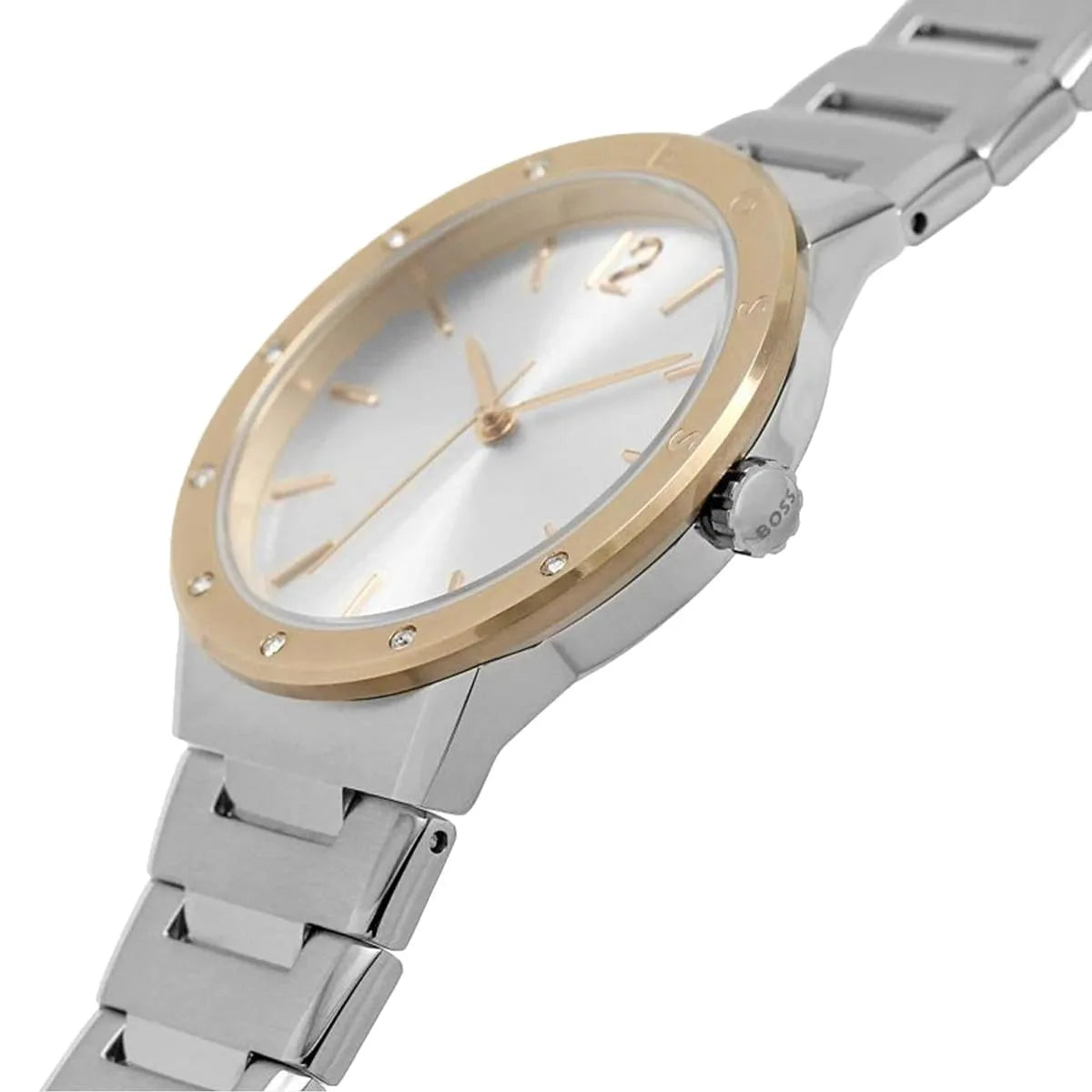 Close-up of Hugo Boss Breath dial with silver sunburst finish and rose gold hour markers