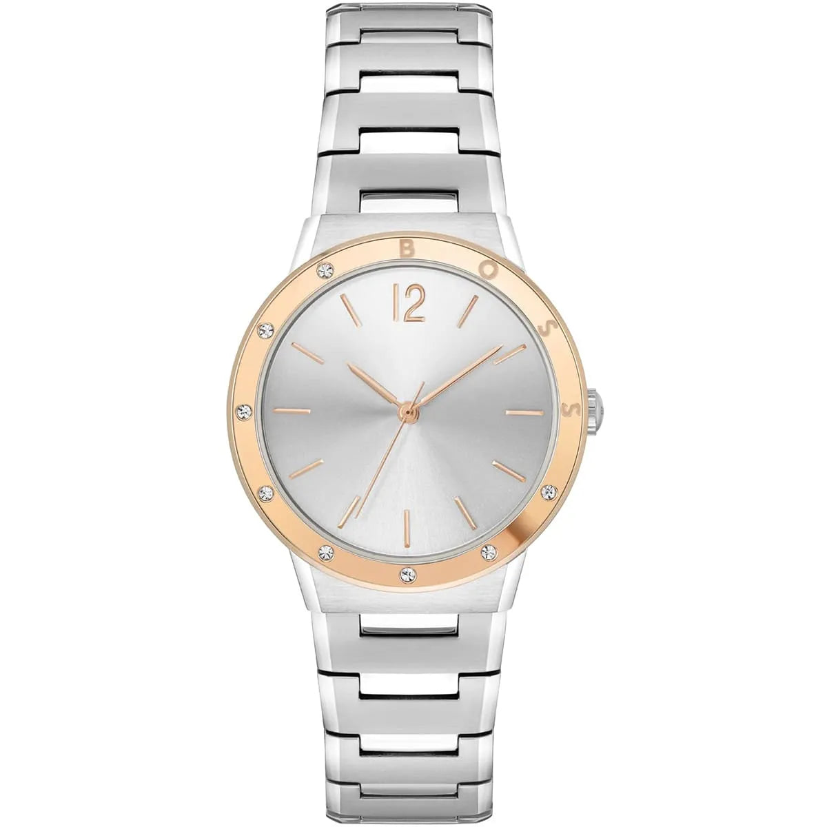 Hugo Boss Breath women's watch with silver dial, rose gold bezel, and stainless steel bracelet