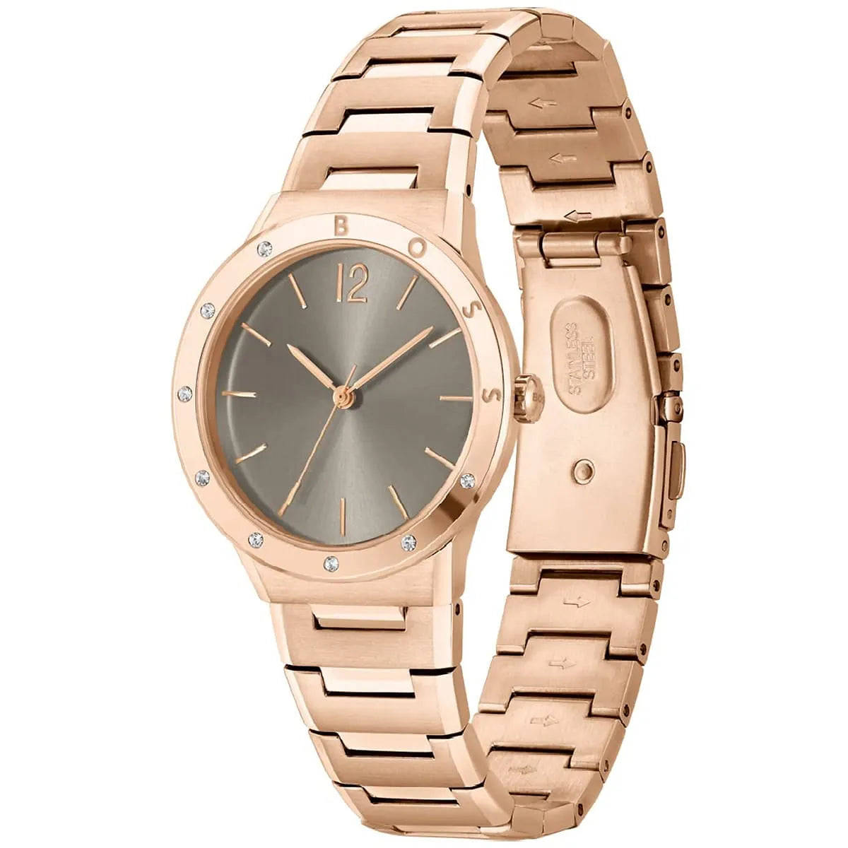 Hugo Boss Breath rose gold watch displayed at angle showing dial and bracelet