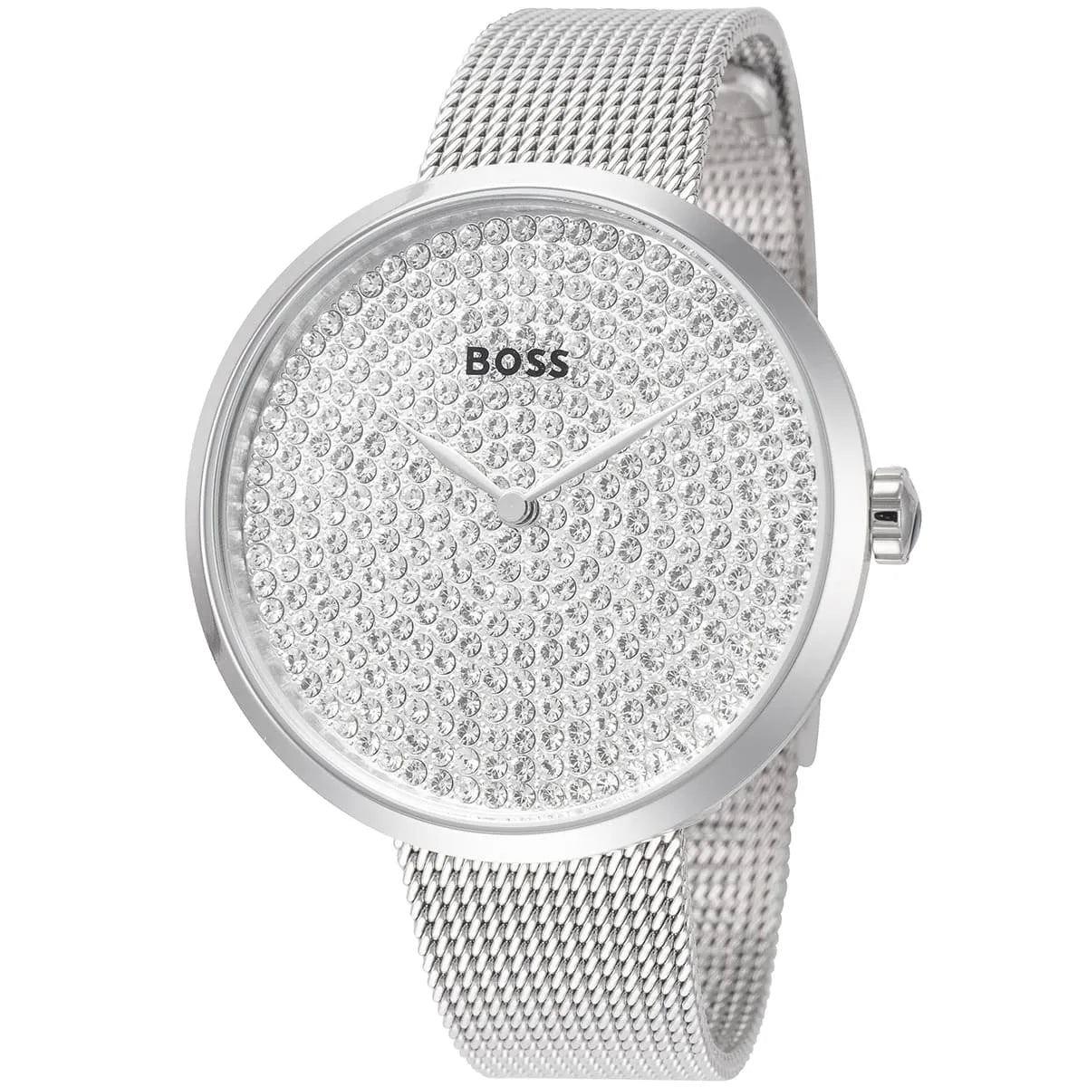 Side angle view of Hugo Boss Praise watch showing crystal dial and mesh strap