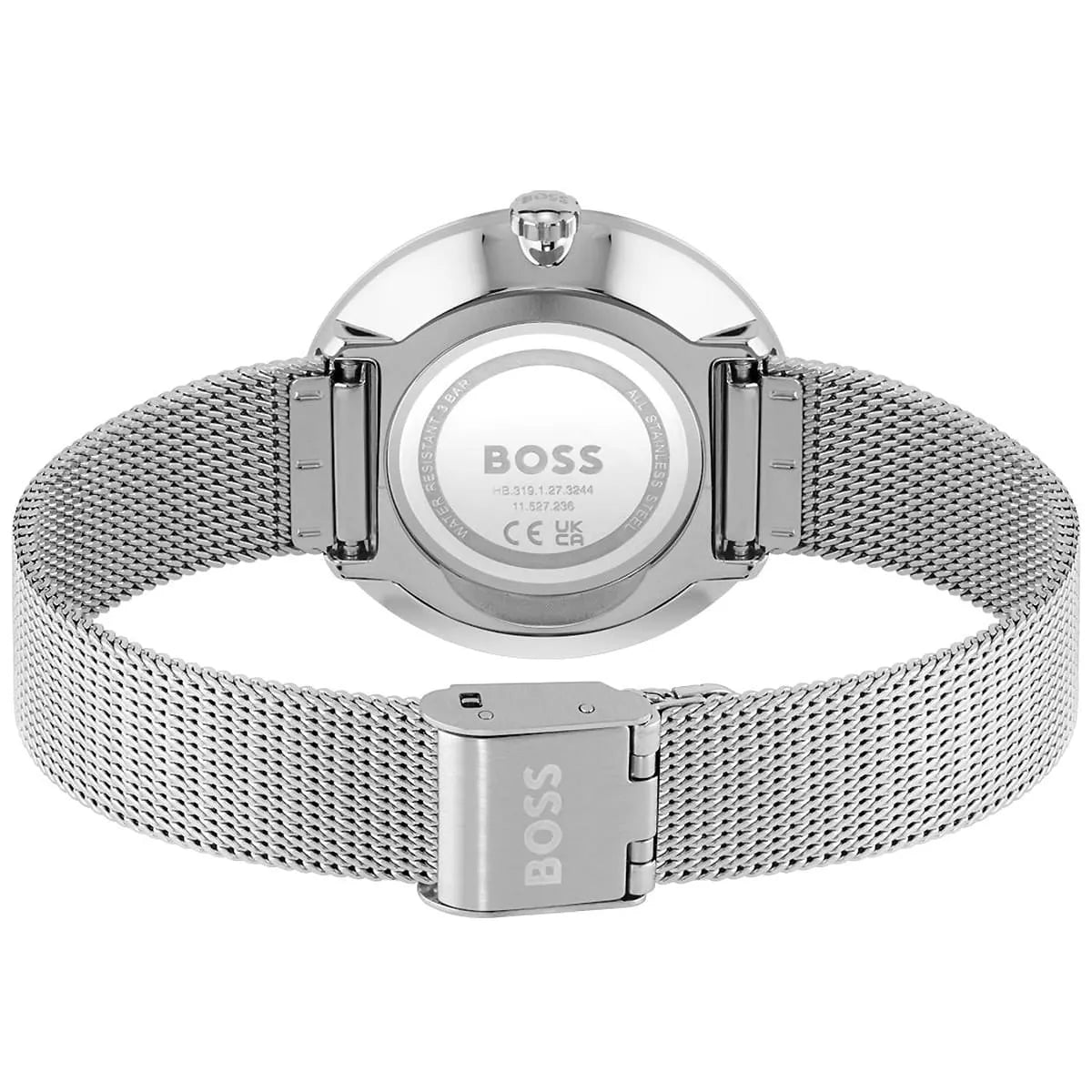 Caseback view of Hugo Boss Praise watch showing stainless steel mesh bracelet and clasp