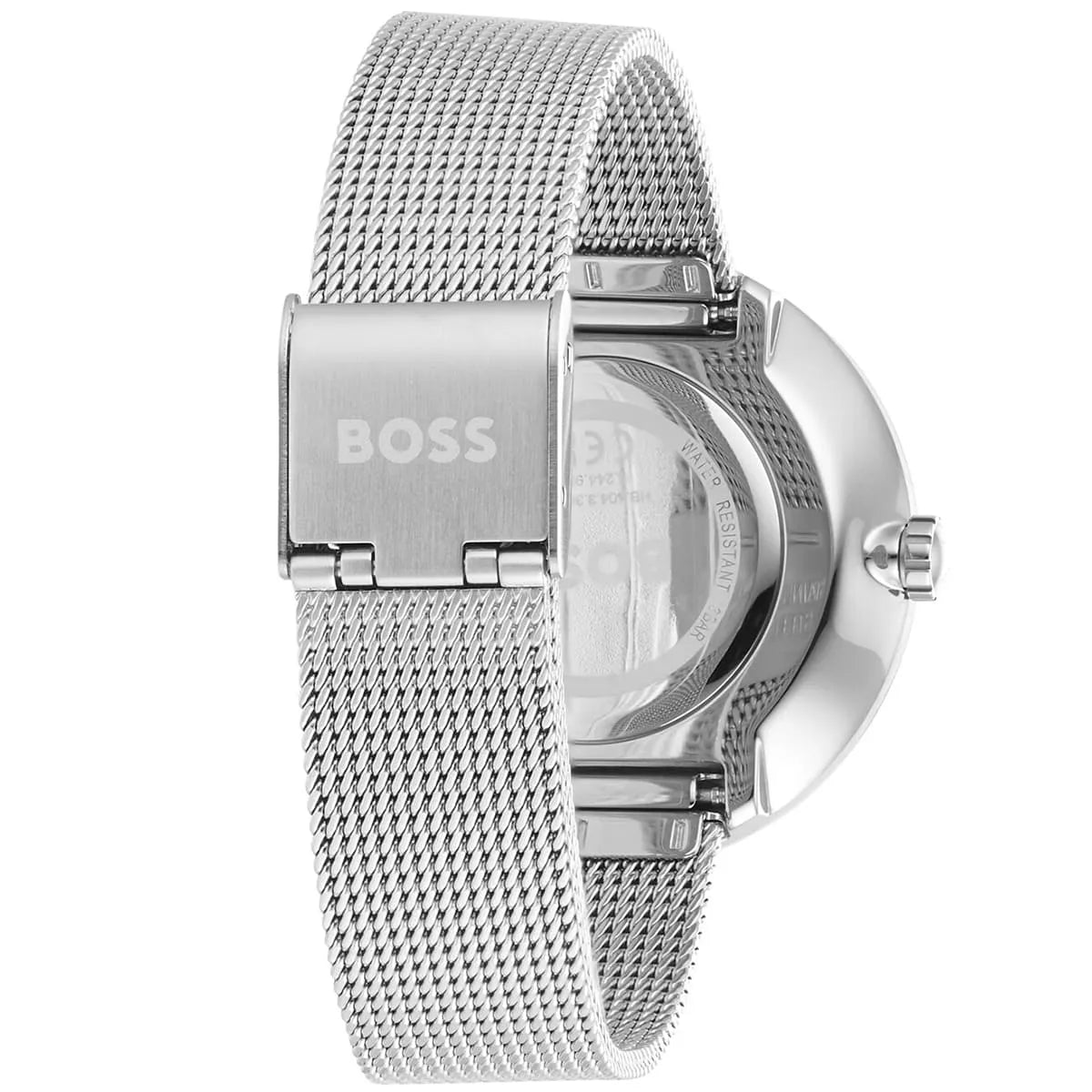 Hugo Boss Praise watch showing case and stainless steel mesh bracelet construction