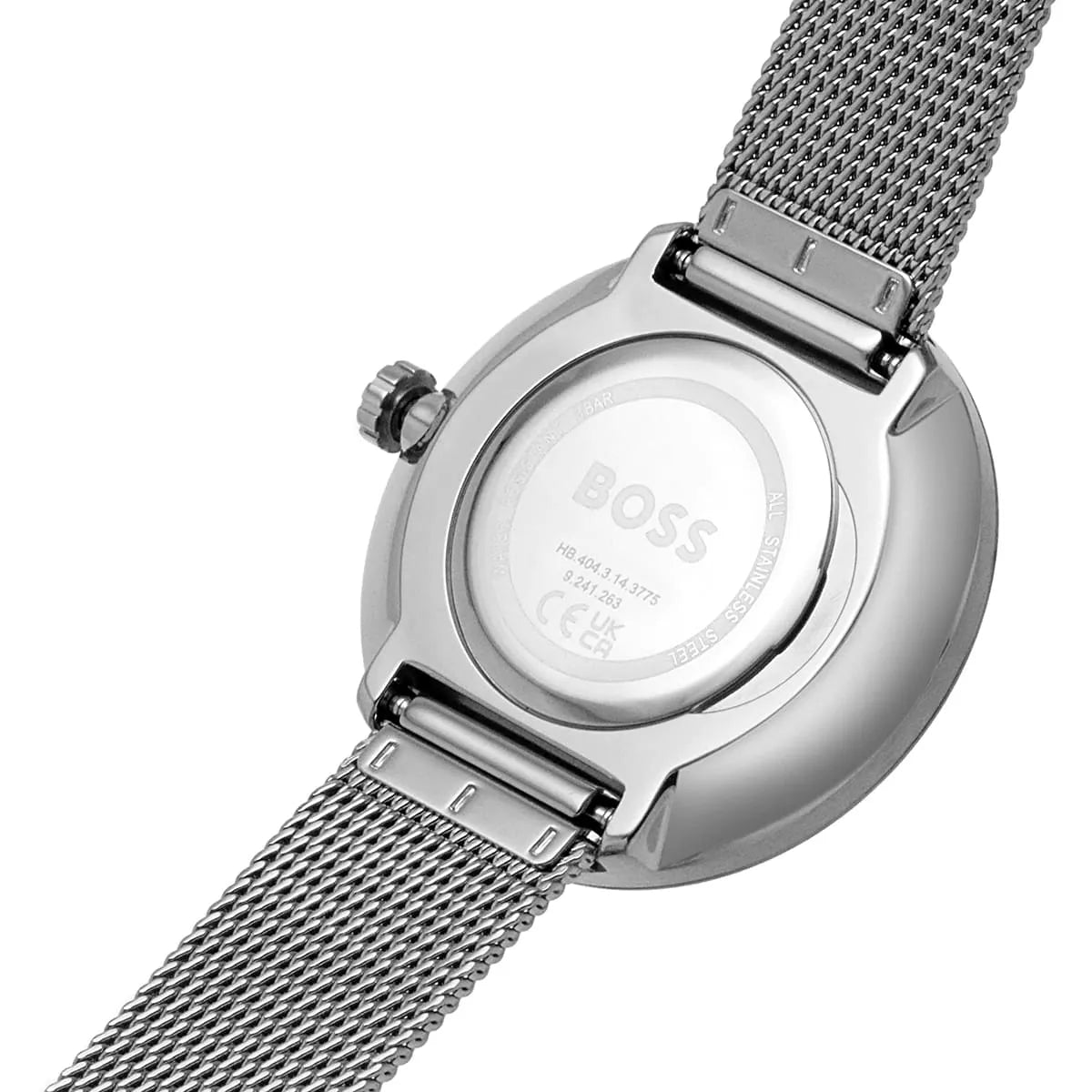 Side profile of Hugo Boss Praise watch with mesh bracelet and crown detail