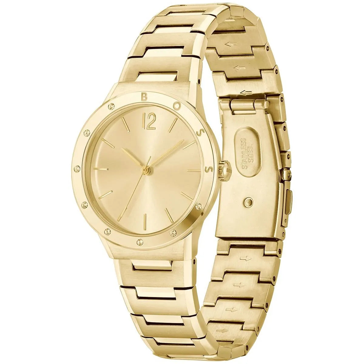 Hugo Boss PURE watch three-quarter view showing gold case, crystal-set bezel, and stainless steel bracelet