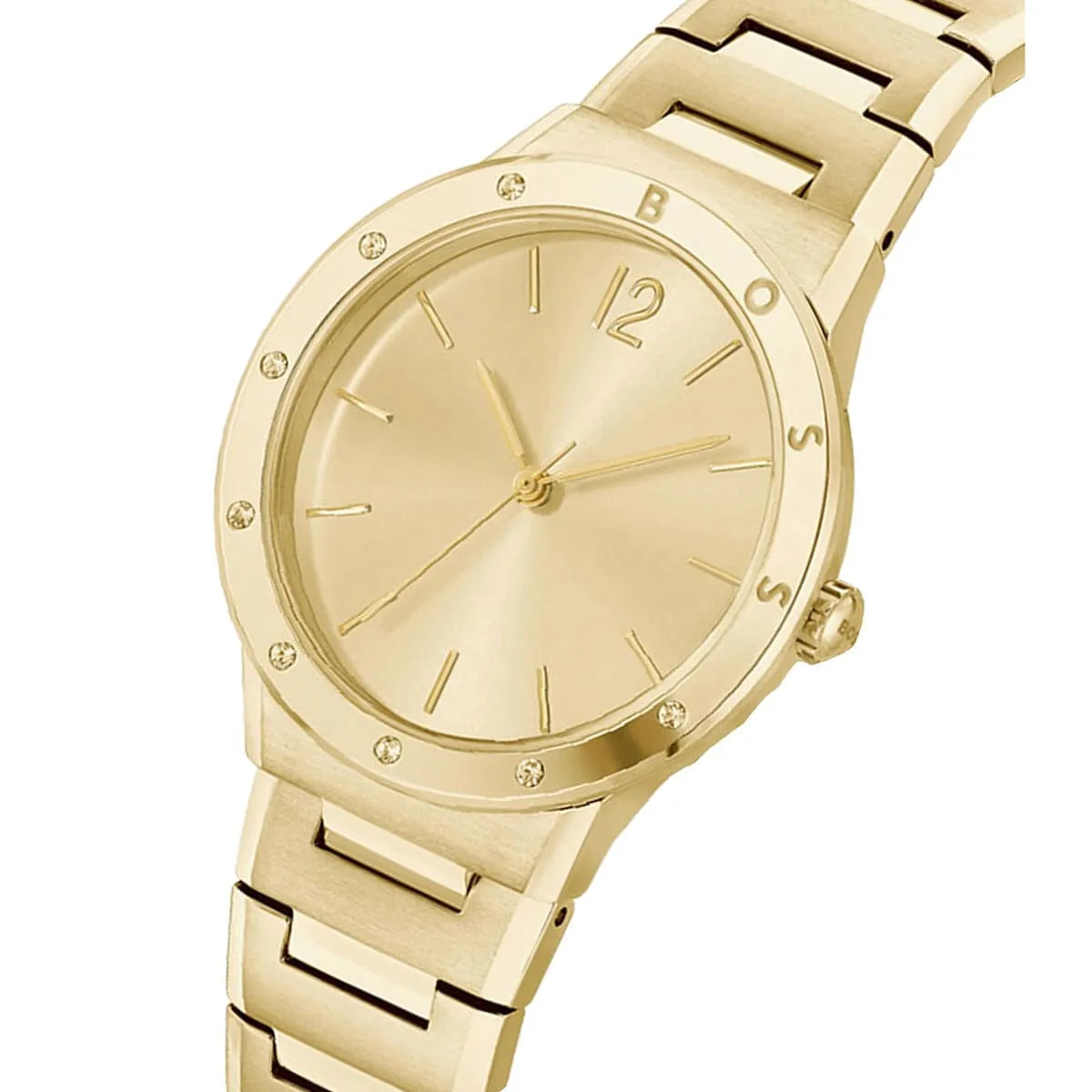Hugo Boss PURE women's watch side view showing gold case profile and metal bracelet