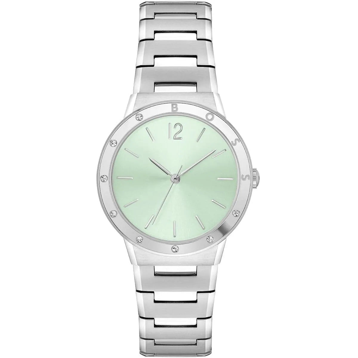 HUGO BOSS women's watch with pale green dial, stainless steel case and bracelet, three-hand analog display