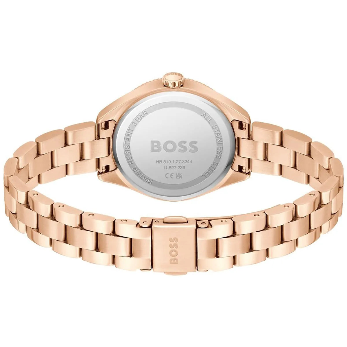 Hugo Boss Sage watch caseback showing stainless steel construction and specifications