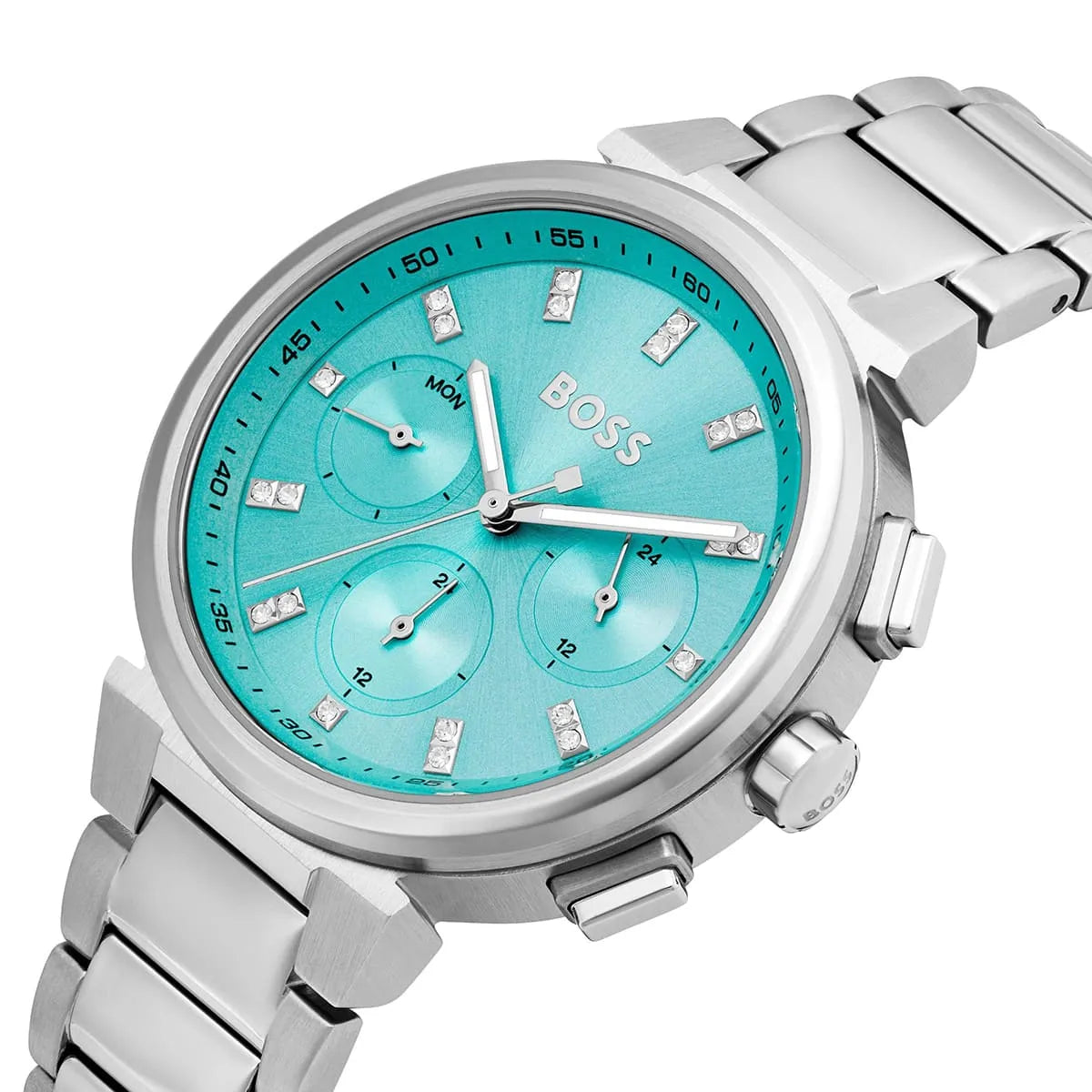 Hugo Boss Candor turquoise dial close-up with diamond hour markers and chronograph subdials