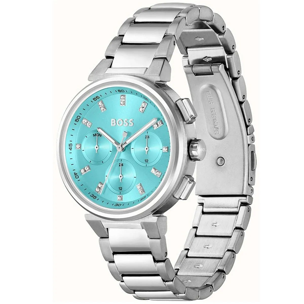 Hugo Boss Candor watch with turquoise chronograph dial at angle showing stainless steel bracelet