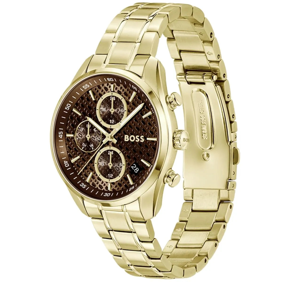 Hugo Boss Grand Tour watch from angled side view showing gold-tone bracelet and case profile