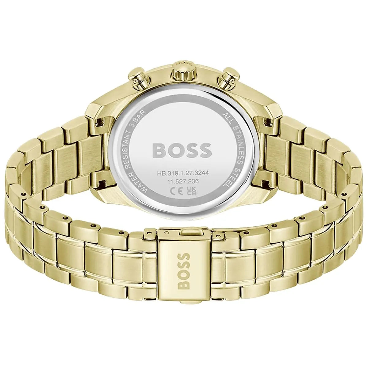 Hugo Boss Grand Tour watch caseback showing gold-tone stainless steel case with BOSS branding