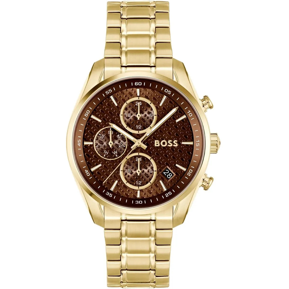 Hugo Boss Grand Tour women's watch with brown patterned dial, gold-tone case and metal bracelet