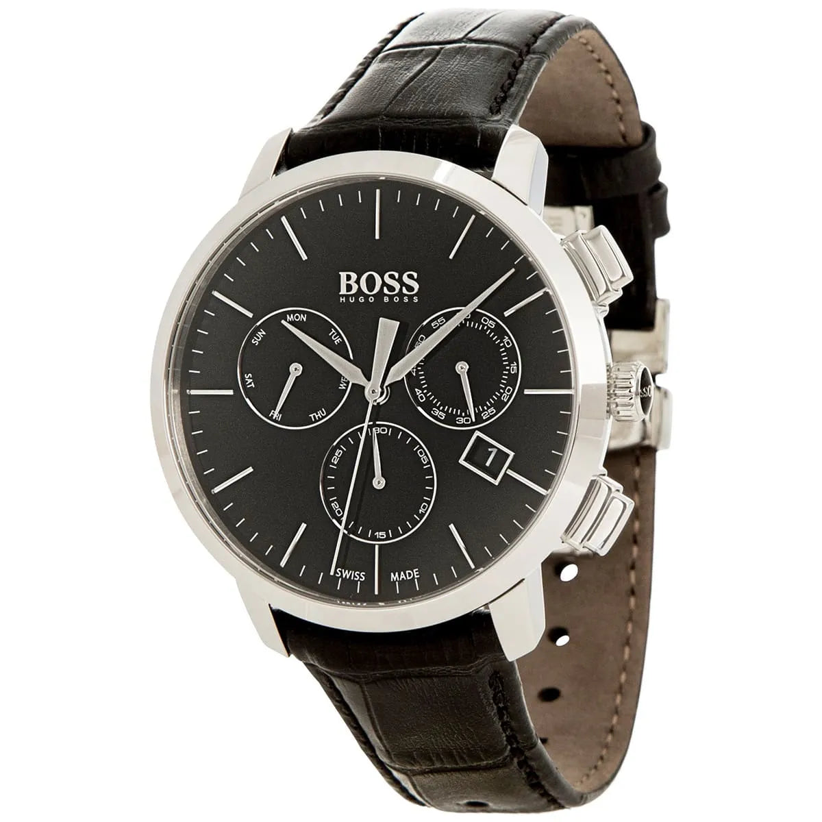 Hugo Boss 1513266 men's chronograph watch at angle showing black leather strap and silver case profile