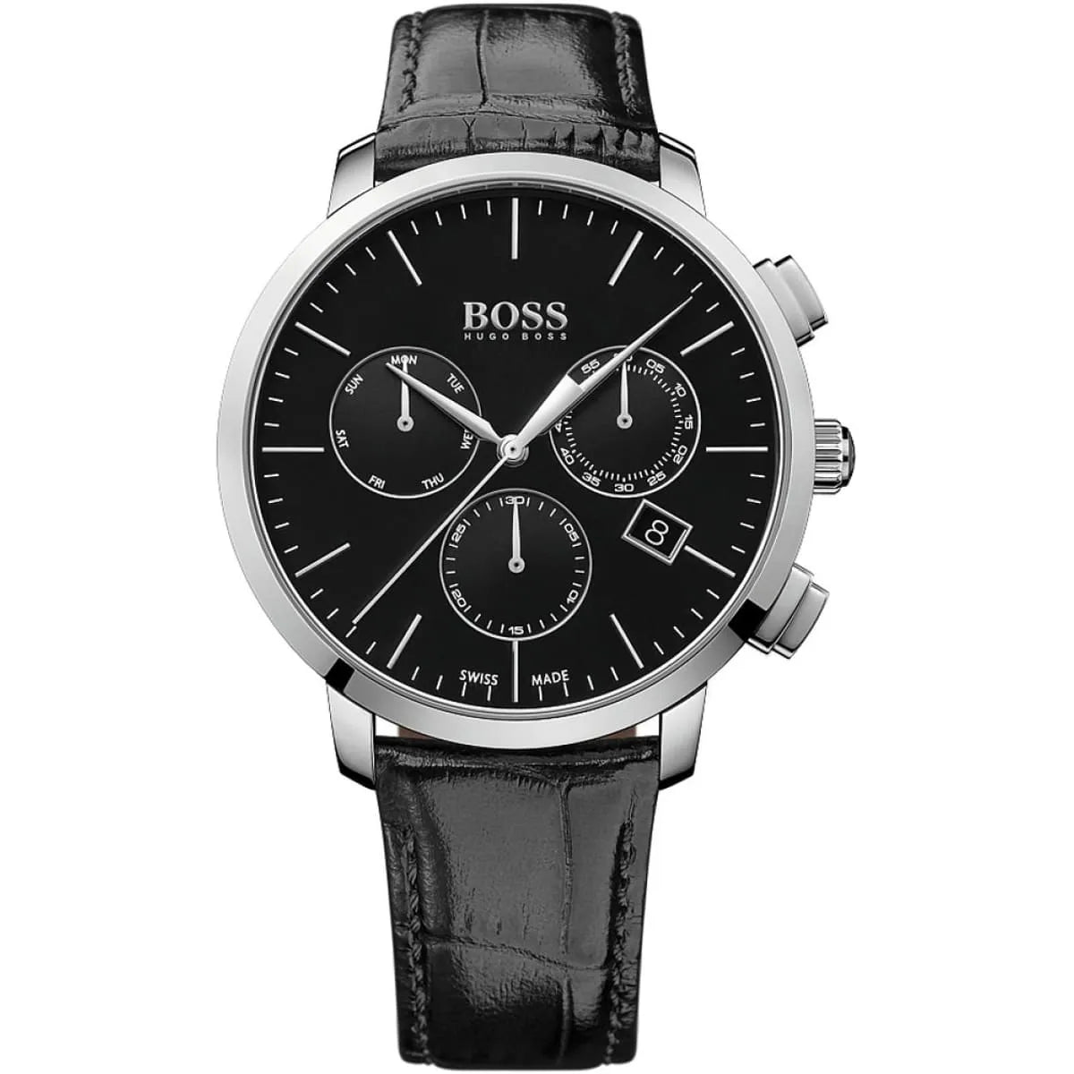 Hugo Boss 1513266 chronograph watch with black dial and three subdials, silver case, black leather strap