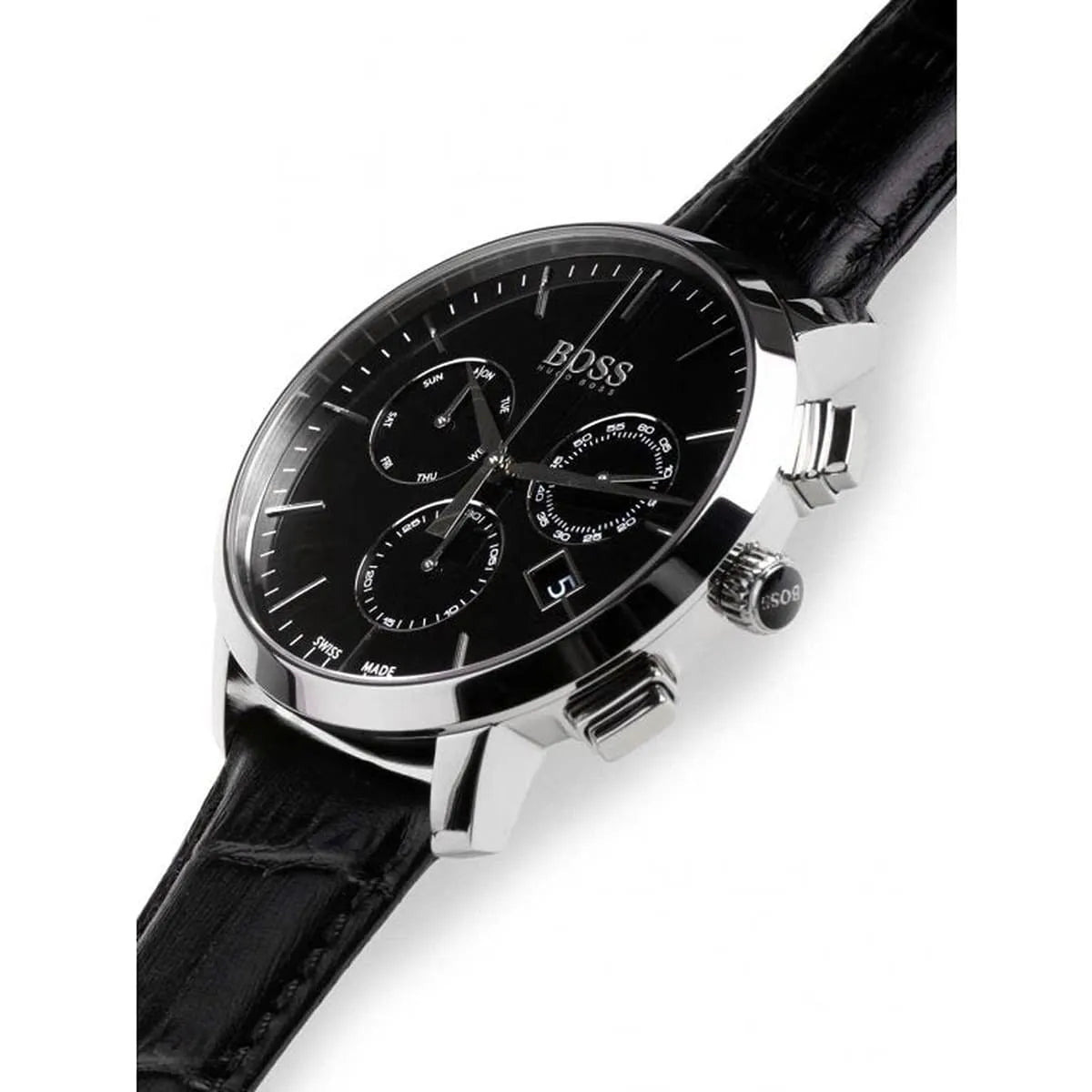 Hugo Boss 1513266 chronograph watch side view displaying black leather strap and steel pusher buttons
