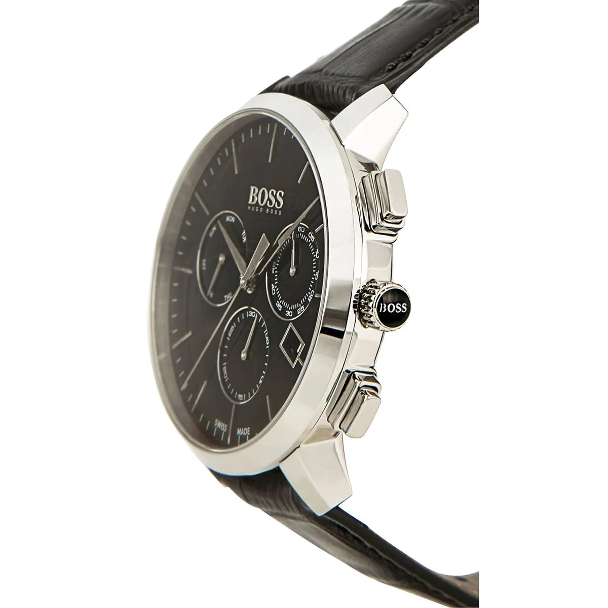 Hugo Boss 1513266 chronograph watch side profile with black dial, steel case, and black leather band