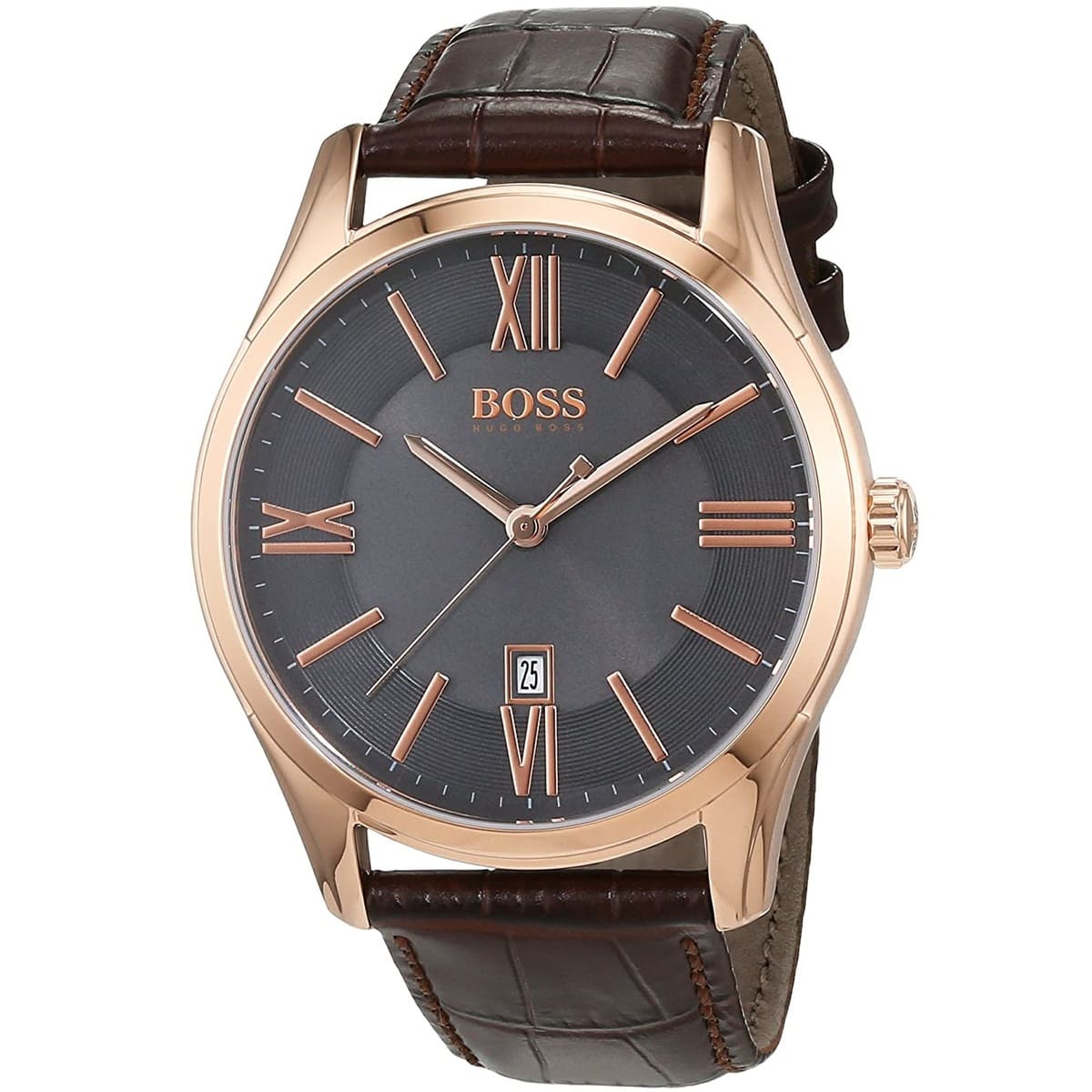 Hugo Boss Ambassador watch three-quarter view showing grey dial and brown crocodile leather strap