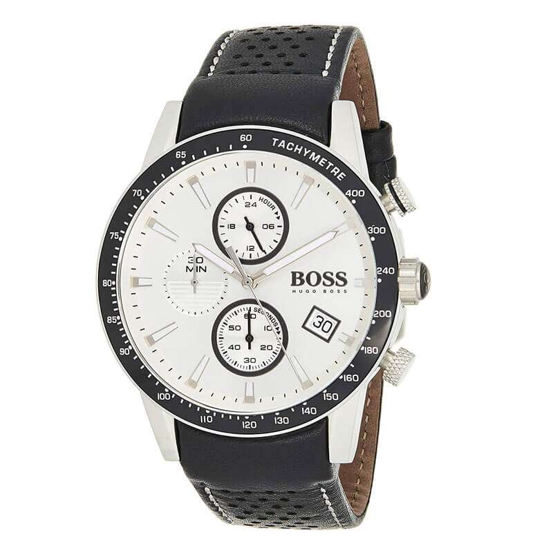 Hugo Boss Rafale chronograph watch at three-quarter angle showing dial and strap detail