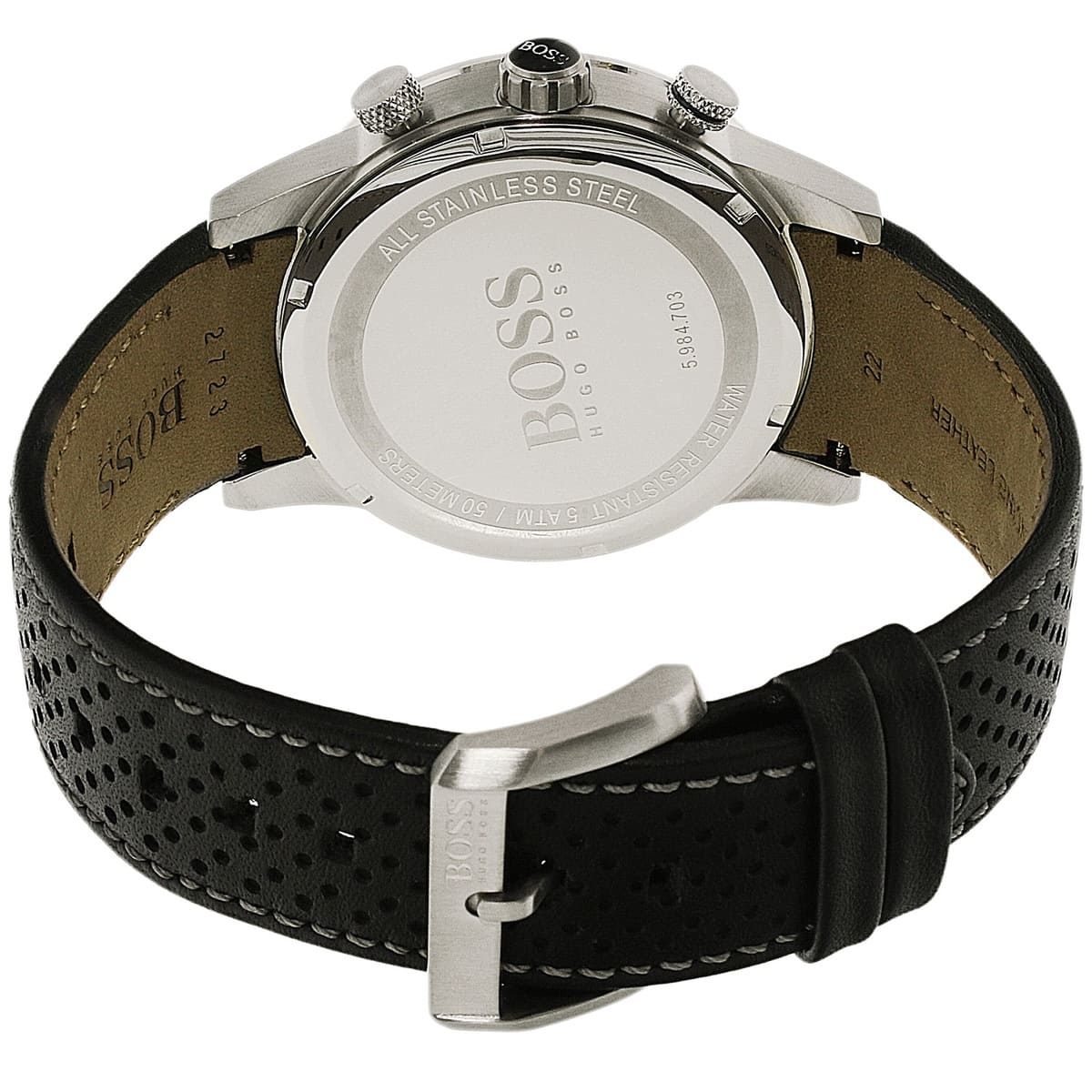 Hugo Boss Rafale caseback showing stainless steel and watch model specifications